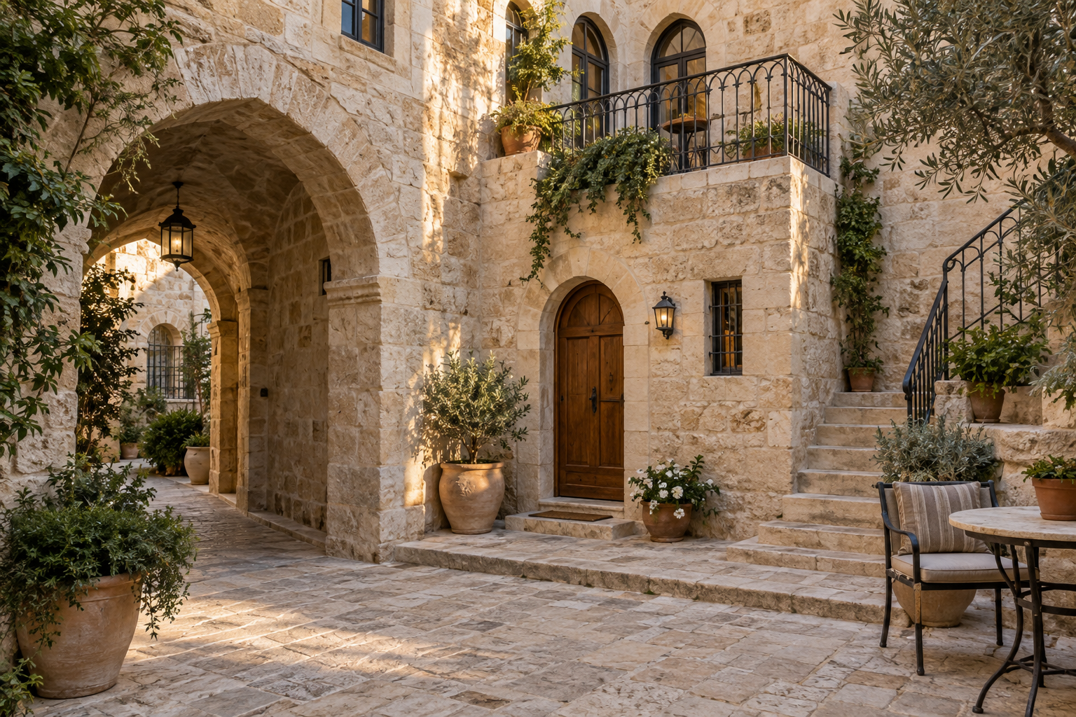 המחשה של חצר ובית אבן בסגנון העיר העתיקה בירושלים